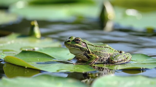 Close up of a frog croaking on a lily pad in a pond.