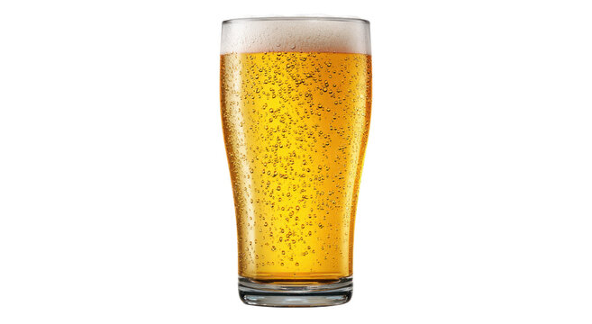 Tall full glass of lager beer with bubble details and golden hue