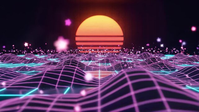 Retro Futuristic Neon Grid Landscape with Sunset and Floating Particles.