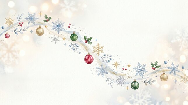 Watercolor Christmas swirl: red/green/gold ornaments, blue snowflakes, bright bokeh