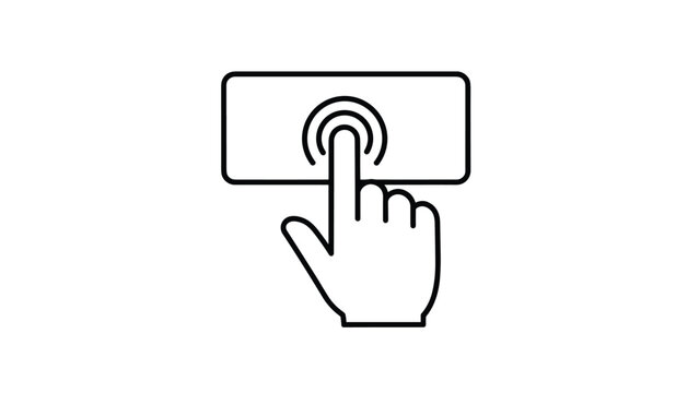 Minimalist black line icon of a hand with a finger touching a rectangular button or screen area representing a click action.
