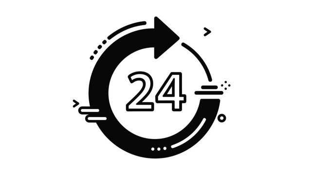 Twenty four hour customer service and support icon in black and white featuring a circular arrow for round the clock access.