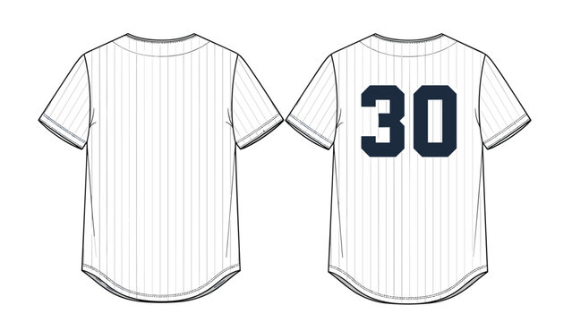 White pinstripe baseball jersey fashion technical drawing template with front and back views featuring number thirty.