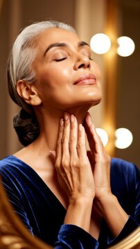 Vertical video. Perfect skin. Beautiful woman. Smooth care. Unrecognizable lady tenderly touching face neck perfect nail style on light slow motion.
