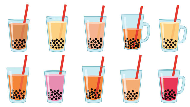 Large collection of colorful bubble tea glasses with varying boba pearl positions and straw colors for cafe and beverage menu design.