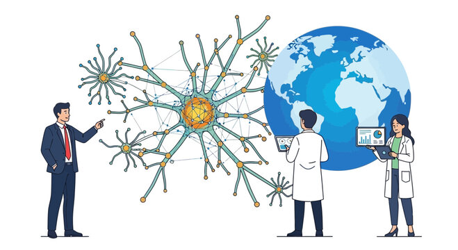 Scientists analyze data model with a global network and world map illustration