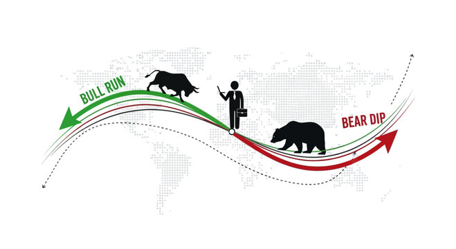Stock market trends illustrated with bull and bear figures on world map