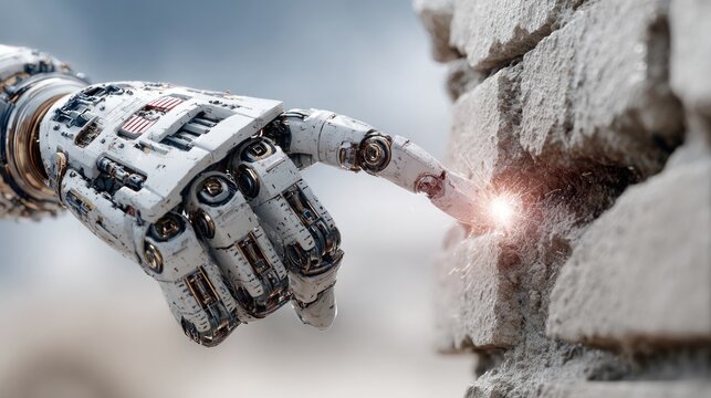 Advanced robotic hand making contact with a rough textured stone wall emitting sparks