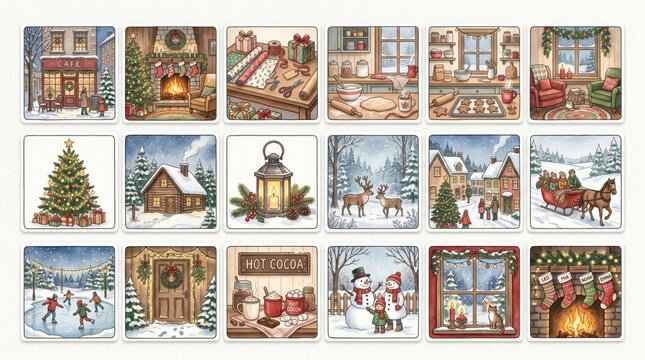 18 Christmas/winter vignettes: indoor cheer, snowy outdoor fun