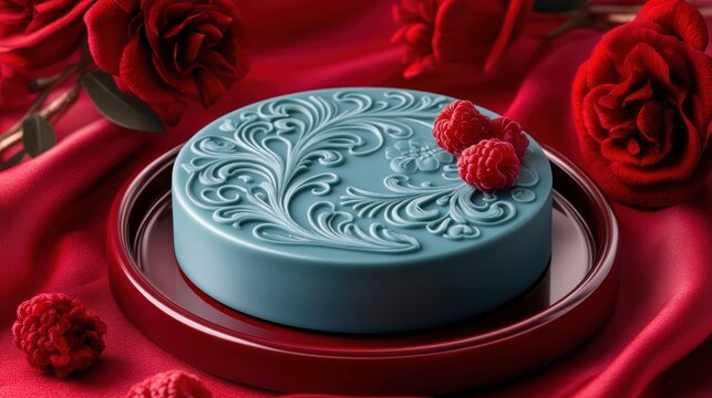 Decorative teal cake with raspberries on red fabric