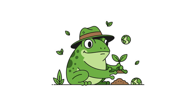 Green frog in hat planting a leafy sapling outdoors in nature