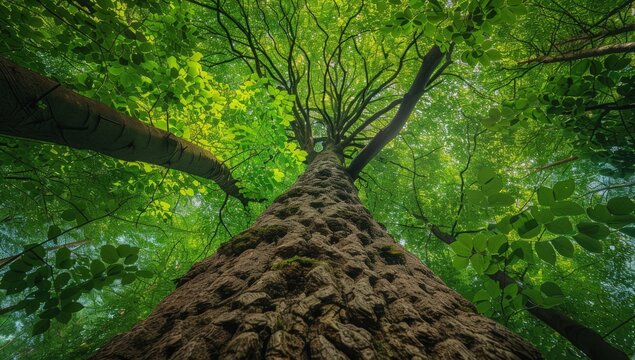 Looking up a massive tree trunk towards a vibrant, sunlit green forest canopy