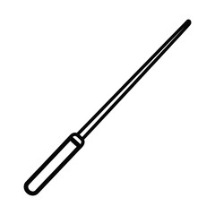 Obraz premium Minimalist black and white line art illustration of a slender, elongated stick-like object with a slightly thicker handle, resembling a wand or a chopstick.