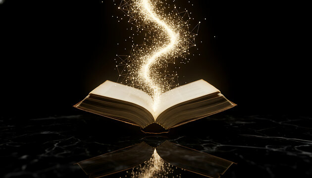Open book with glowing magic light coming out