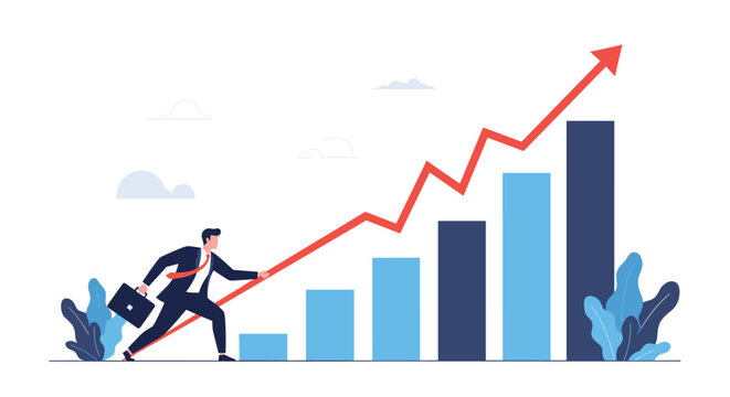 Businessman uses all his strength to pull a large red growth arrow upwards along a rising financial bar chart for business success.