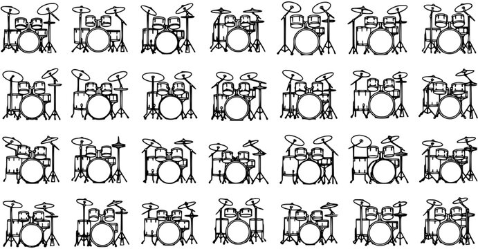 Music Entertainment Black and White Line Art Drum Kit Pattern. Seamless percussion instrument icons for rhythm, band, and sound design.