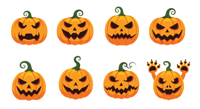 Collection of eight festive Halloween pumpkins carved with a variety of spooky and sinister glowing faces against a clean white background.