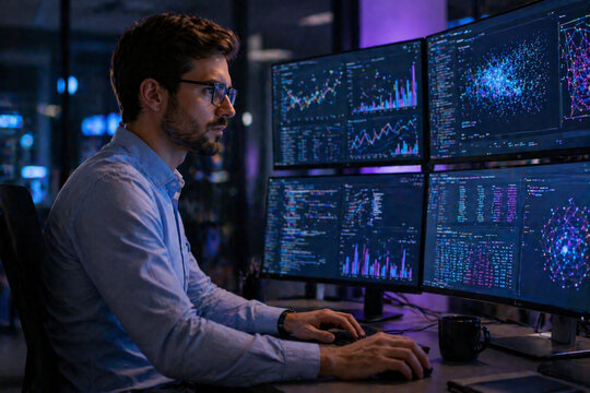Data Scientist Working with Multiple Screens in Dark Office with Analytical Expression and Tech Environment
