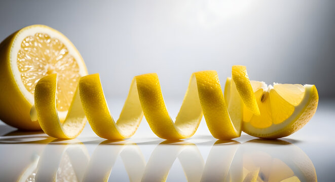 Irisan jeruk lemon segar bersinar terang dengan kulit melingkar spiral elegan di atas meja putih melambangkan kebersihan dan kesegaran alami