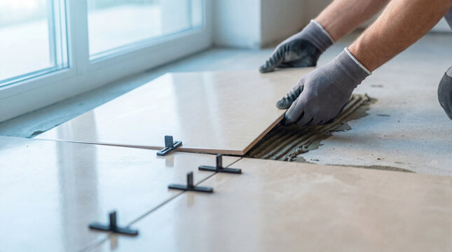 Worker wearing gray gloves laying light floor tiles with plastic spacers and adhesive during indoor renovation