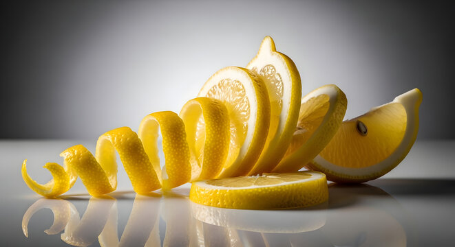 Potongan lemon segar dengan kulit melingkar spiral estetis di atas permukaan mengkilap melambangkan kreativitas seni kuliner dan kesegaran