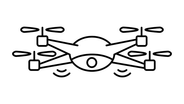 Autonomous Drone Flying with Camera, Minimalist Black Line Vector Icon on White Background, Editable Stroke Illustration for Technology, Surveillance, Delivery, and Modern Gadget Concepts.