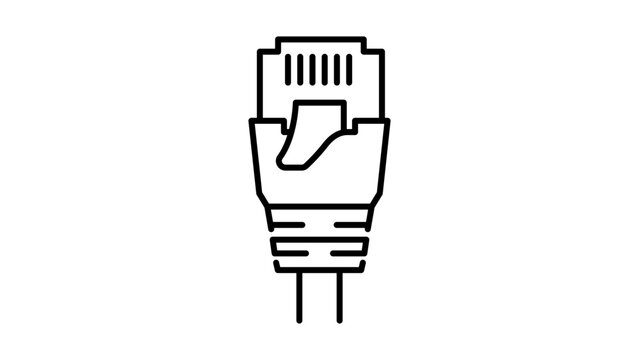 Minimalist Network Ethernet Cable Connector Vector Icon. Black line illustration of RJ45 plug for internet connection, data transfer, and networking. Scalable Editable Stroke Vector Icon.