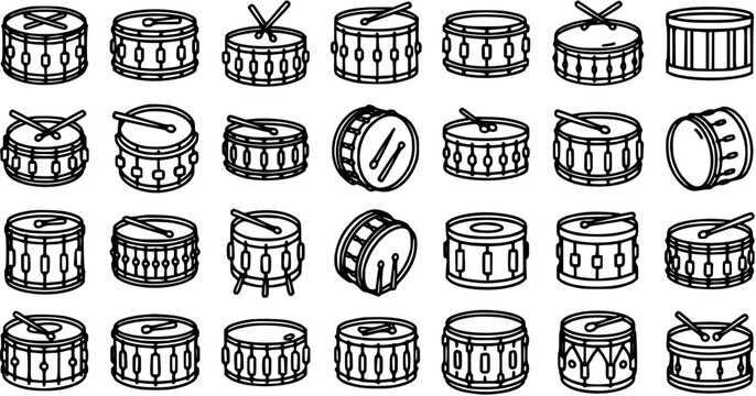 Black and White Line Art of Various Drums, Musical Instruments Icon Set