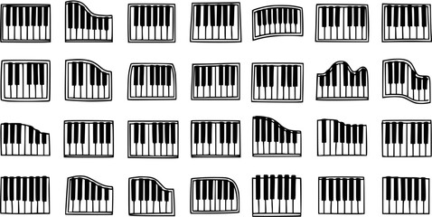 Music Instrument Black and White Line Art Piano Keyboard Keys Icons Set. Hand-Drawn Doodle Style Musical Element Vector Collection for Design. © pixsource