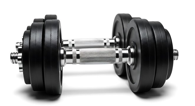 A pair of adjustable dumbbells with black rubber-coated weights and a chrome-plated handle.