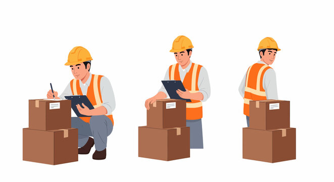 A male worker in a hard hat and safety vest inspecting and managing cardboard boxes, depicted in three different poses: crouching, standing, and looking back.