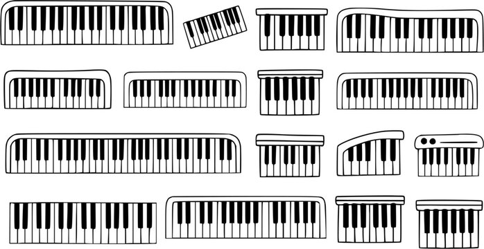 Music Industry Black and White Line Art Piano Keyboards Vector Collection. Hand-drawn Doodle Style Musical Instrument Keys for Education, Design, and Creative Projects.