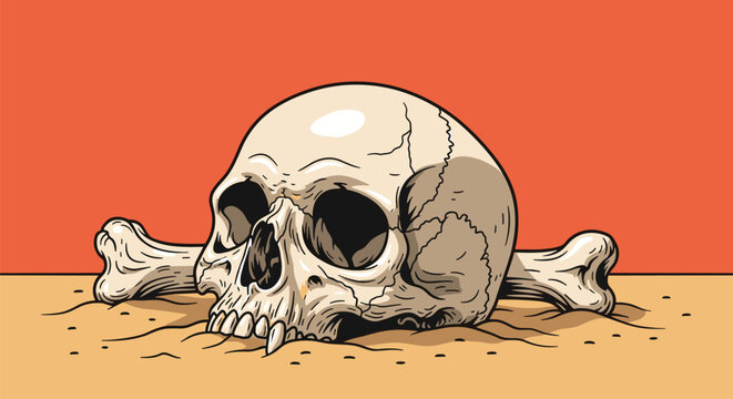 Spooky human skull lies half buried in desert sand with crossed bones in a dramatic illustration featuring a vibrant orange and tan color palette.