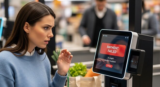 Young woman shows frustration while self checkout machine displays a payment failure notification