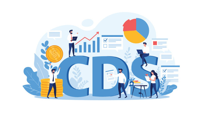 Credit default swap financial concept shows business people analyzing risks and data around giant blue CDS letters with various economic charts.