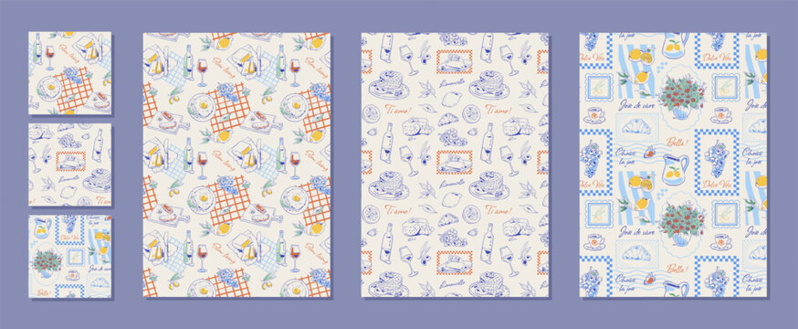 Coquette french brunch icon pattern with cute blue and yellow bakery detail seamless. Seamless breakfast sketch set as romantic food background and wine motif, ideal for picnic menu or cozy cafe card