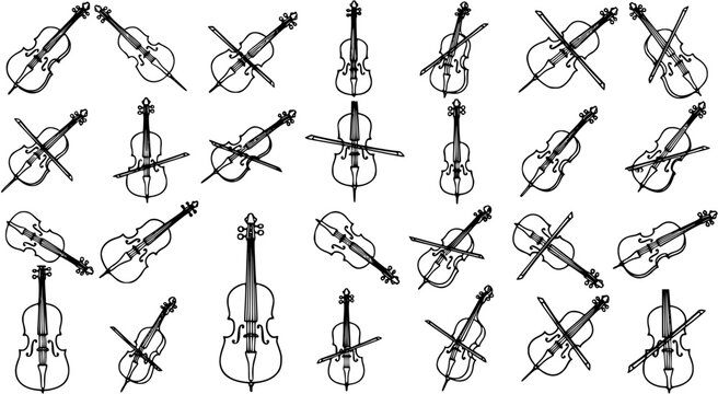 Black and White Hand-Drawn Cello and Bow Line Art Seamless Pattern Background. Musical String Instrument Doodles for Music Industry and Education
