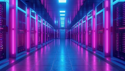 Fototapeta premium Futuristic data center aisle with blue and pink glowing server racks on a reflective floor