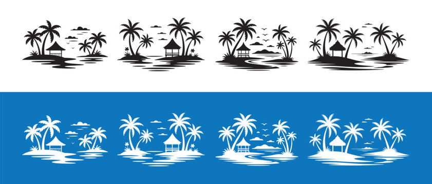 Tropical Island Silhouettes. Palm Trees, Beach Hut, and Ocean Views - Black and White Set.