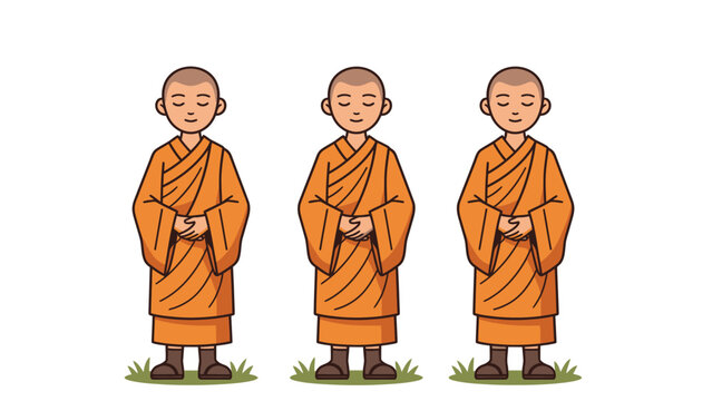 Three Cartoon Buddhist Monks Meditating Peacefully in Orange Robes