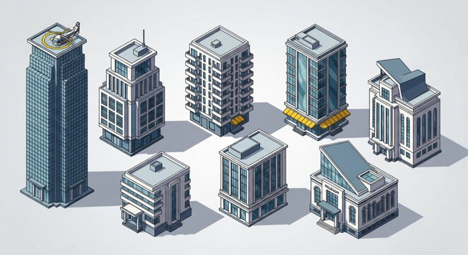 Collection of isometric city buildings and skyscrapers in a flat design style.