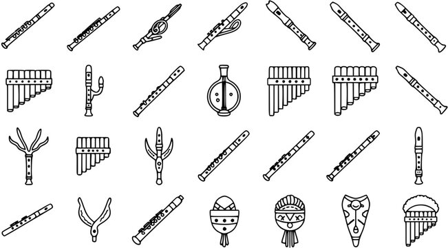 Flute and Pan Flute Outline Icons Set. Traditional Wind Musical Instruments in Black  White Line Art Style for Music, Culture, and Folk Themes.