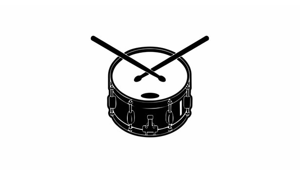 Snare drum with crossed drumsticks black and white vector icon simple music instrument illustration