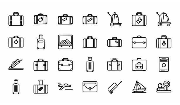 Suitcase outline icon set with editable stroke travel luggage bag and airport baggage symbols collection