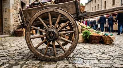 Obraz premium Wooden wagon wheel detail resting on a traditional cobblestone road, historic transport, rustic texture, traditional travel