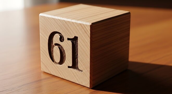 A single wooden block displaying the number sixty one rests on a surface