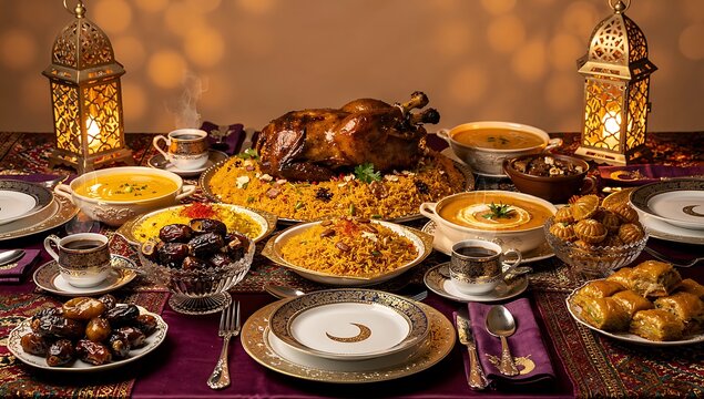 Elegant Ramadan iftar feast with roasted lamb, dates, Arabic coffee, and traditional desserts on ornate table