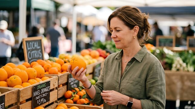 Shopper hands picking a fresh orange in the produce section of a market, grocery shopping, fresh produce, healthy nutrition