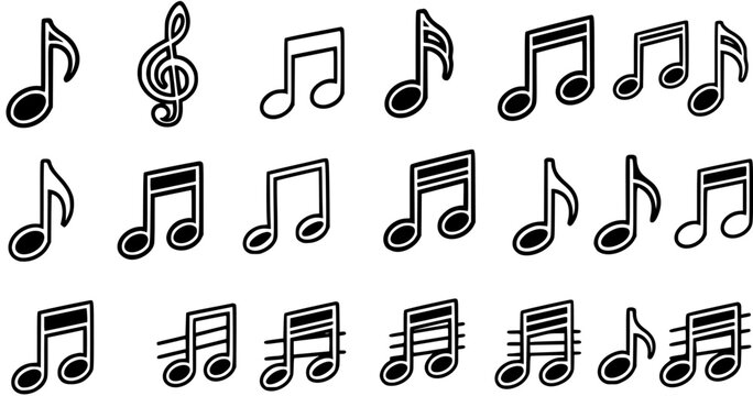 Music Industry Outline Icons Set. Black and White Musical Notes, Beamed Notes, and Treble Clef Glyph Symbols for Sound, Audio, and Entertainment Design