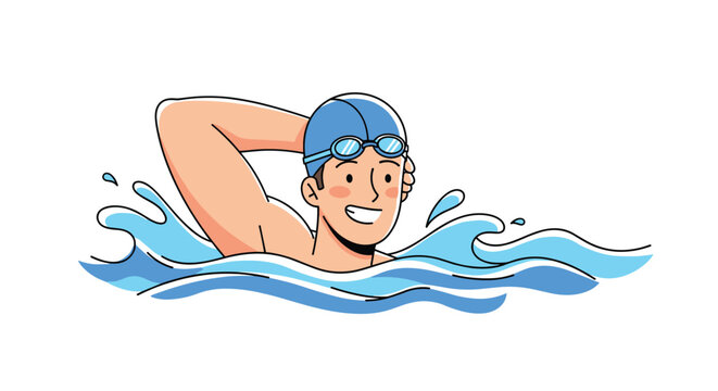 Young male swimmer wearing a blue swim cap and goggles performing front crawl stroke in blue ocean waves.